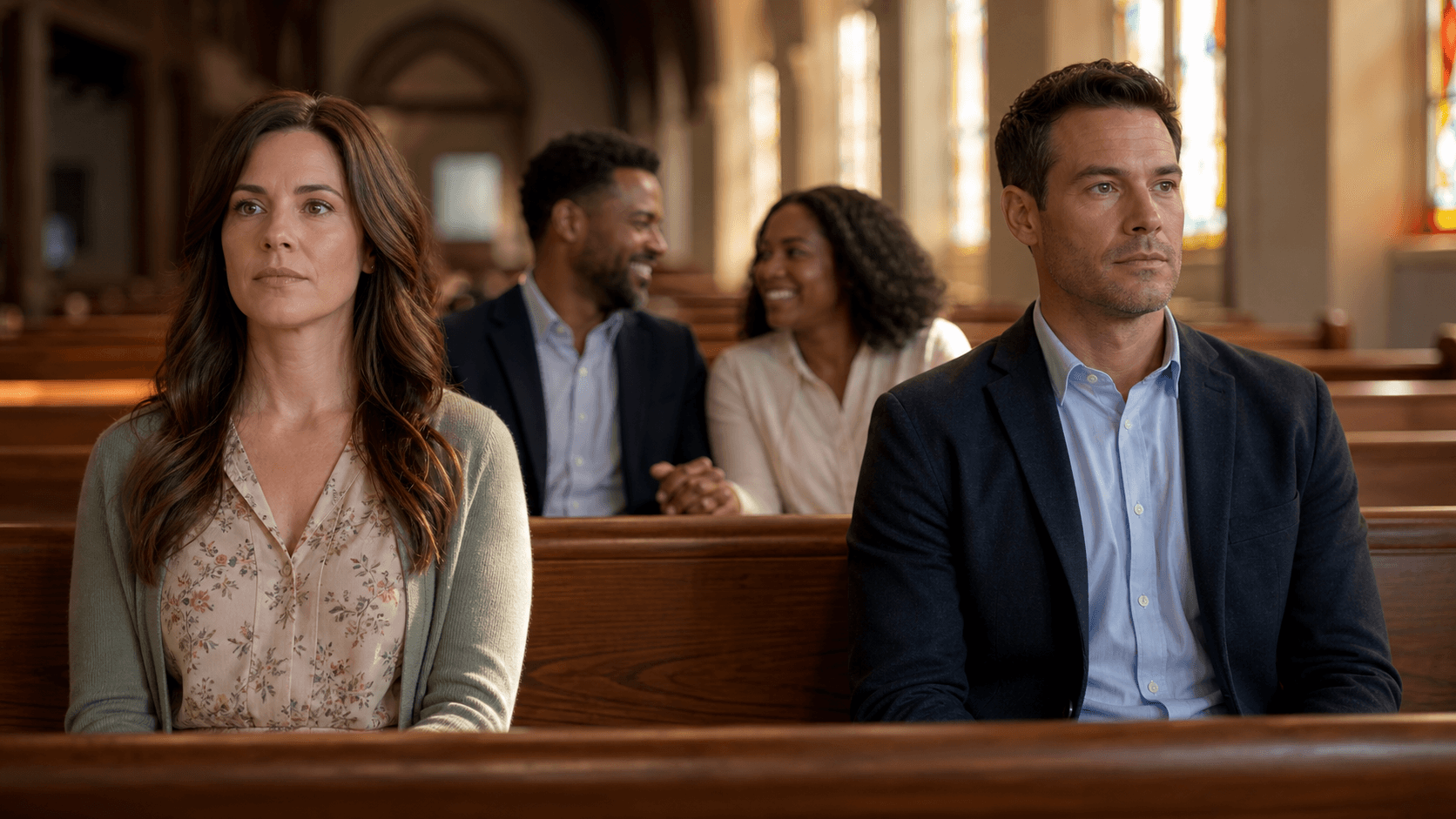 Dimly lit church pews with two people sitting apart, warm stained-glass light casting soft shadows.
